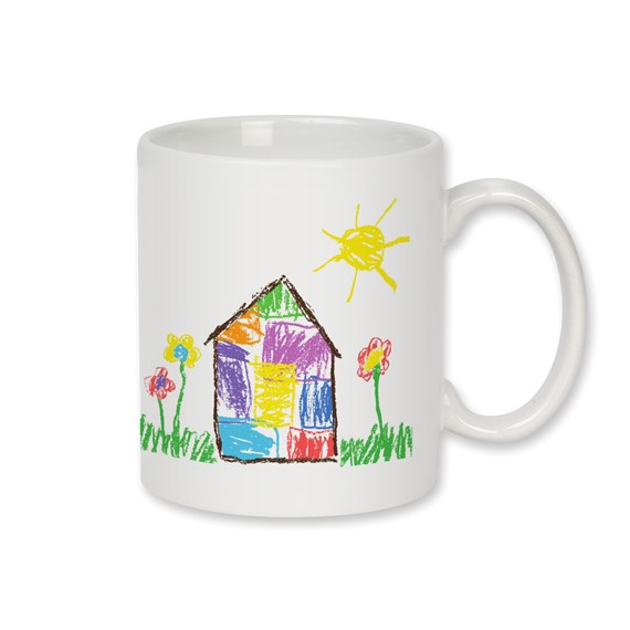 colorful drawing of a house on ceramic mug with flowers and sun