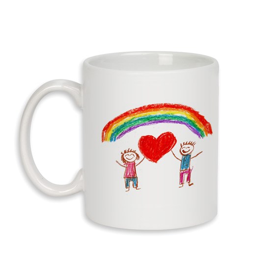 ceramic mug with rainbow and heart design