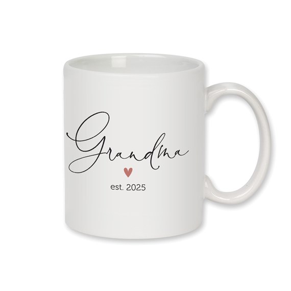white ceramic mug with text 'Grandma' and heart icon
