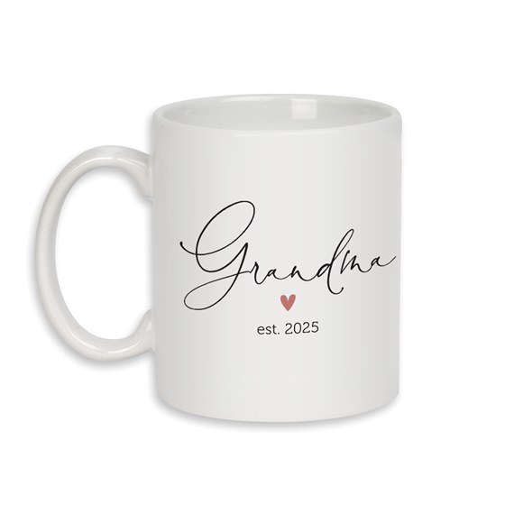white ceramic mug with grandma text and heart