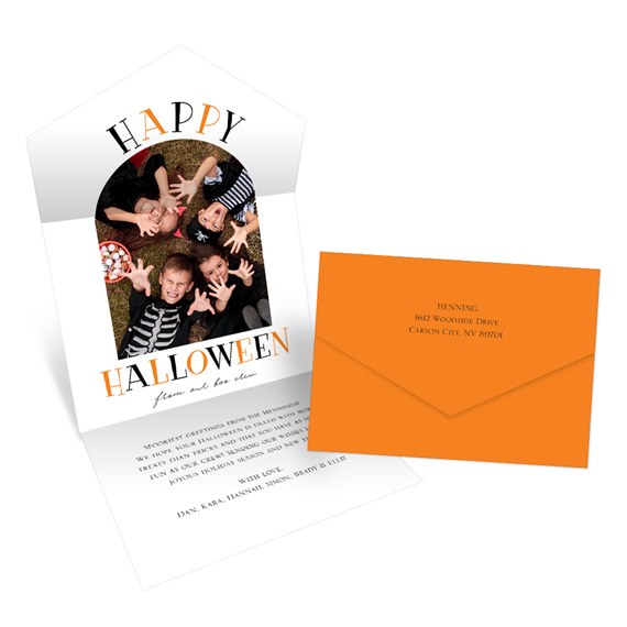 Halloween card with photo area and orange envelope