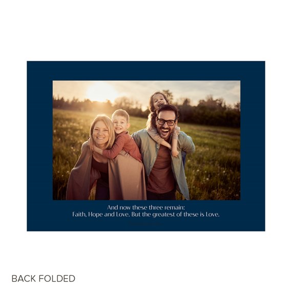 photo area with dark blue frame and text