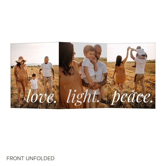 photo placeholder with text 'love.', 'light.', 'peace.'