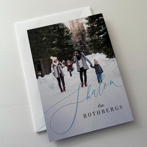 winter scene card with family photo area, customizable text area