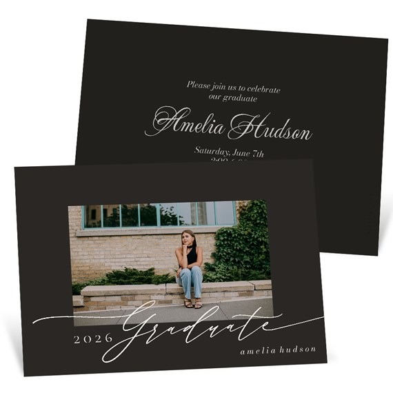 black graduation announcement card with photo placeholder and elegant white script