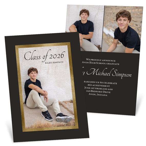 graduation announcement with photo area and gold border