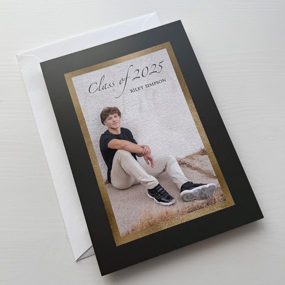 graduation announcement with photo placeholder and gold frame