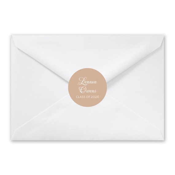 white envelope with beige circular seal and text