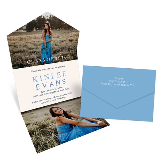 graduation invitation with customizable text area and blue envelope