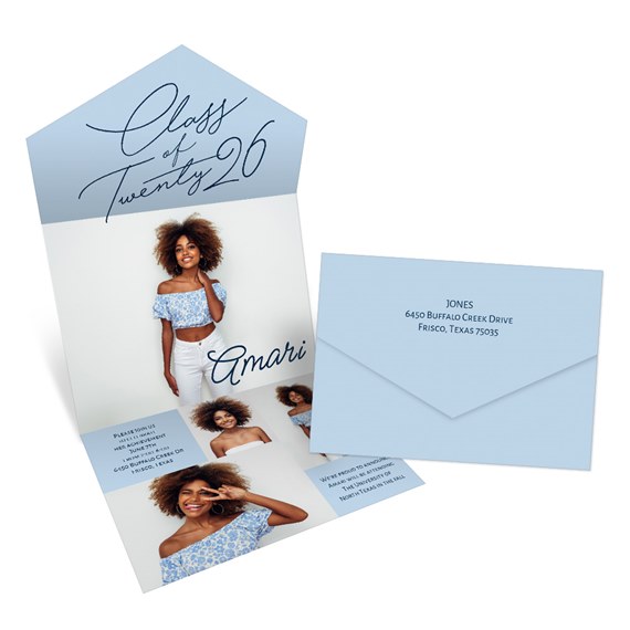 graduation announcement with photo area and blue envelope