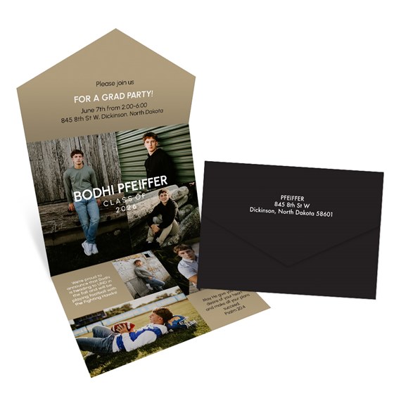 graduation invitation with photo collage and black envelope