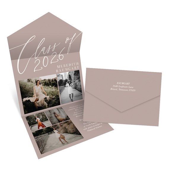 graduation announcement with photo placeholders and envelope
