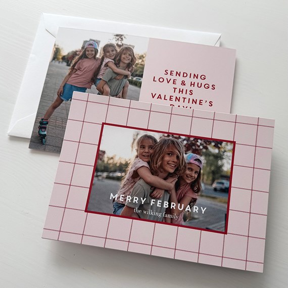 pink plaid card with photo area and text