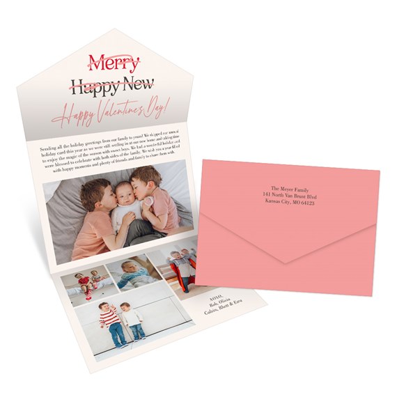 Valentine's Day card with photo placeholders and matching envelope