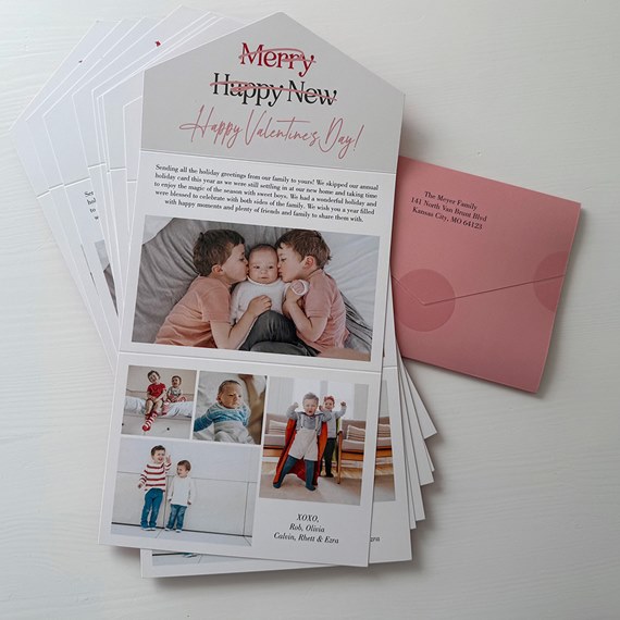 seal and send Valentine's Day card with photo collage and pink envelope