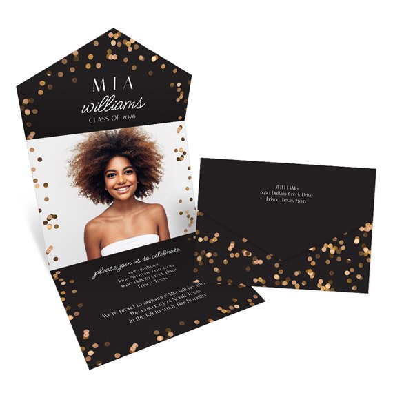 graduation announcement with photo placeholder and confetti design