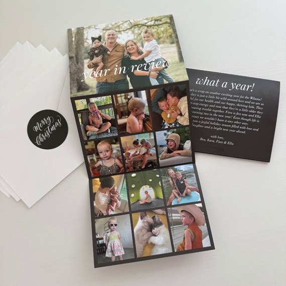 Christmas card with family photos and customizable text area