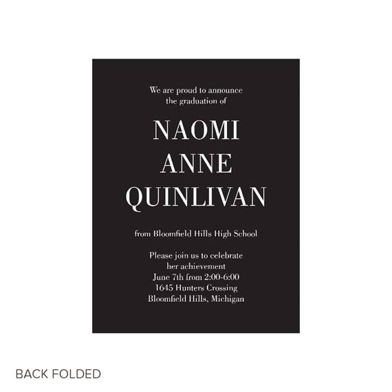 black graduation invitation with arched text and event details