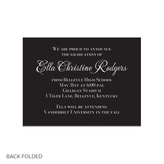 black graduation announcement with white text