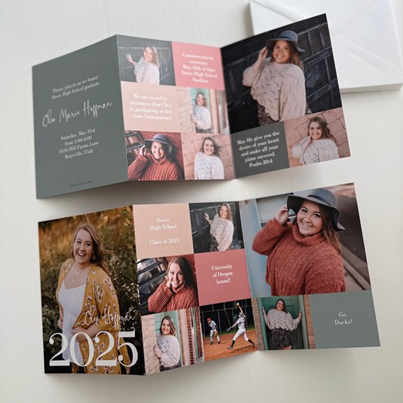 graduation announcement booklet with photo placeholders and event details