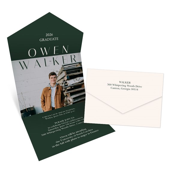 graduation announcement with photo placeholder and envelope