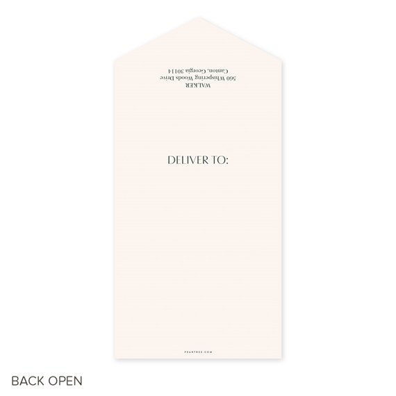 cream envelope with pointed flap and green text area