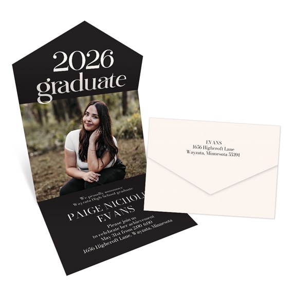 graduation announcement with photo area and cream envelope