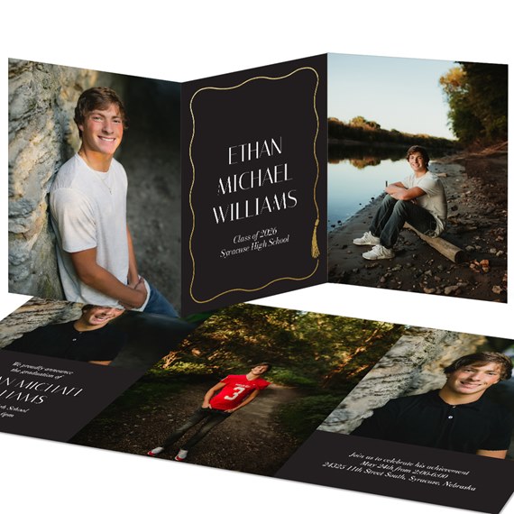 graduation invitation with photo areas and gold accents