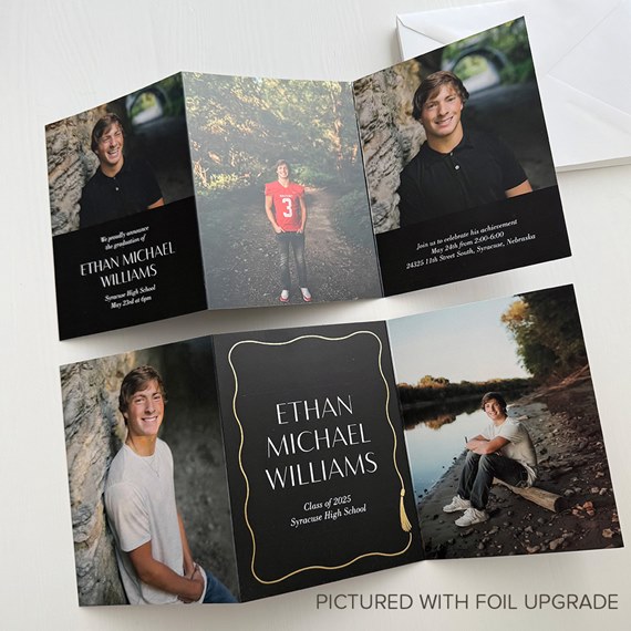 graduation invitation with photo placeholders and foil text