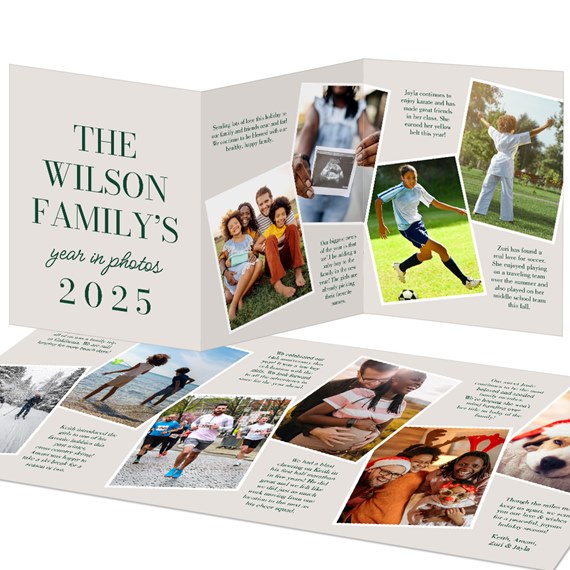 tri-fold card with photo placeholders and text