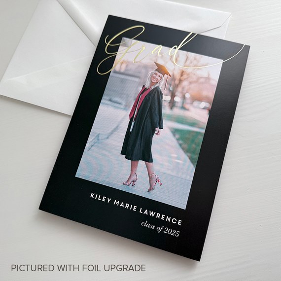 graduation invitation with photo placeholder and gold foil text