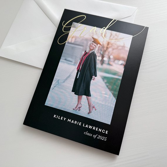 graduation invitation with photo placeholder and gold text