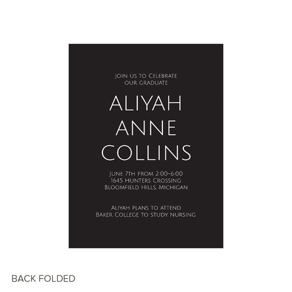 black graduation invitation with white text