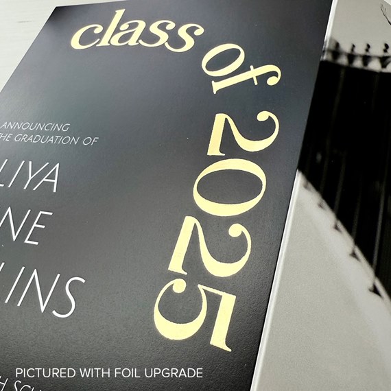 black graduation invitation with yellow text and white details