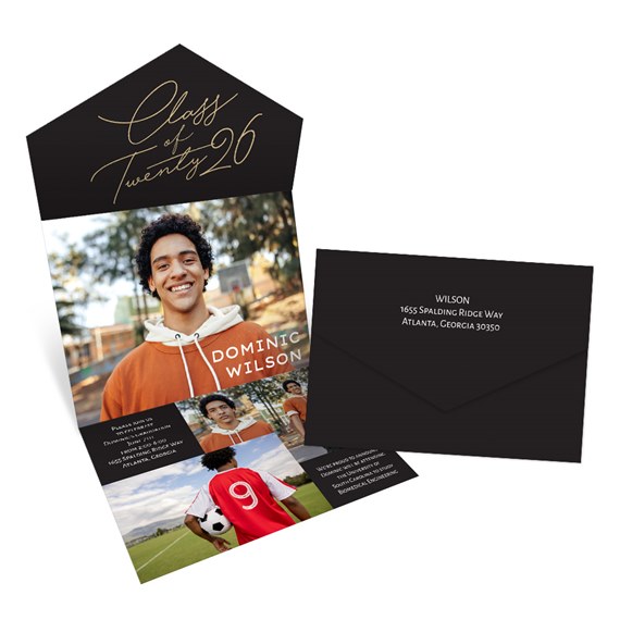 graduation invitation with photo area and black envelope