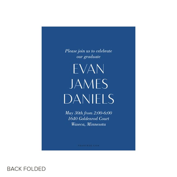 blue graduation announcement with white text, customizable text area