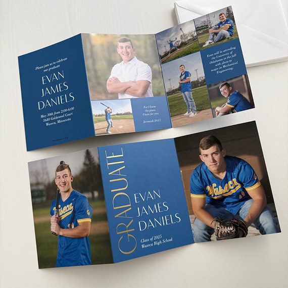 graduation announcement with photo placeholder and blue background