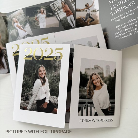 graduation announcements with photo areas and gold foil elements