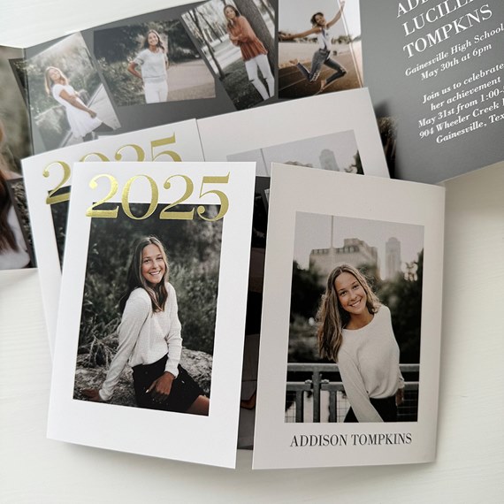 graduation announcements with gold foil and photo placeholders