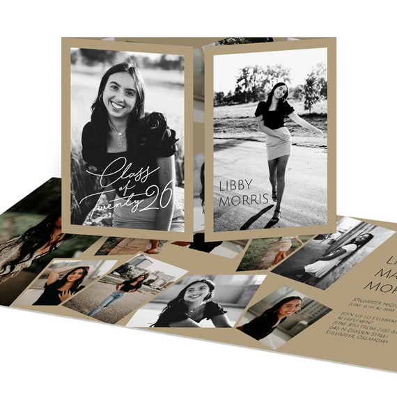 tri-fold graduation invitation with photo placeholders and event details