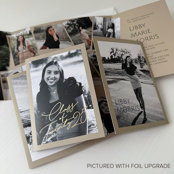 graduation party invitation with photo placeholders and gold accents