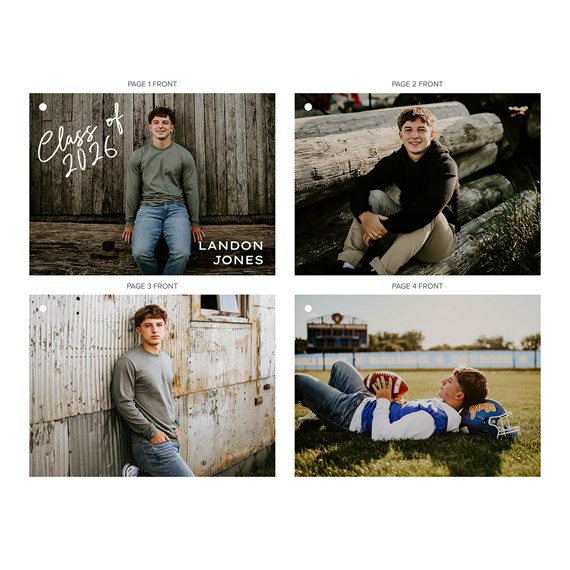 four photo placeholders, grid layout, customizable text area