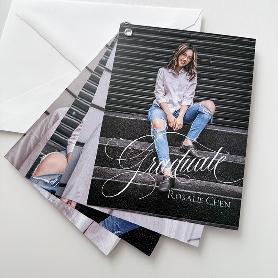 graduation invitation with photo placeholder and cursive text