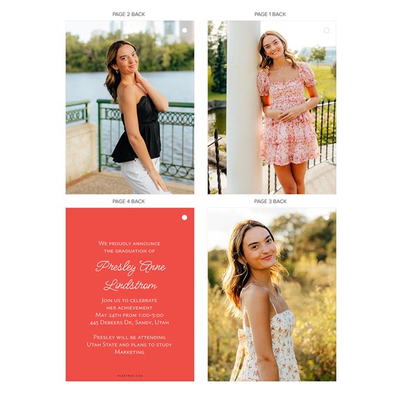 coral graduation invitation with photo area and text