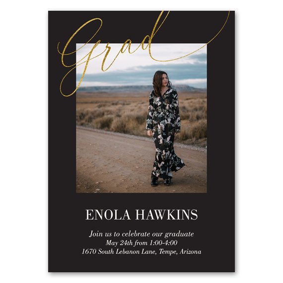 graduation announcement with photo placeholder and gold text