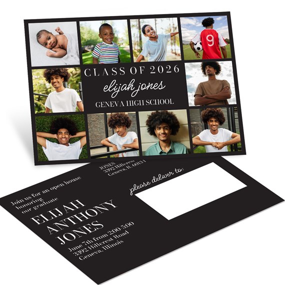 graduation announcement postcard with photo placeholders and customizable text area