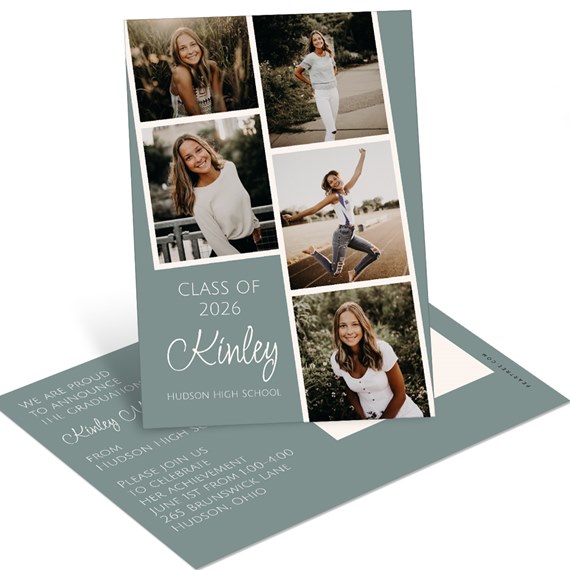 postcard with photo placeholders and graduation announcement details