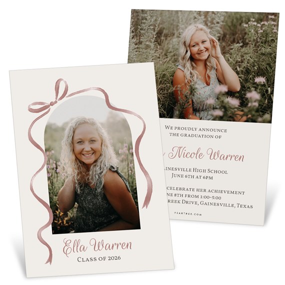 graduation party invitation with photo placeholder and pink ribbon design