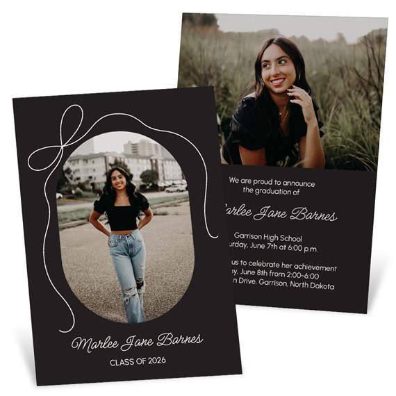black graduation announcement with photo placeholder and white bow design