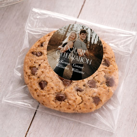 cookie in clear bag with round sticker and photo area